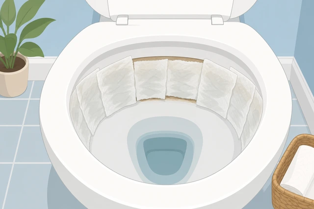 Illustration: toilet bowl with lowered water level, vinegar-soaked paper towels pressed onto an exposed mineral ring