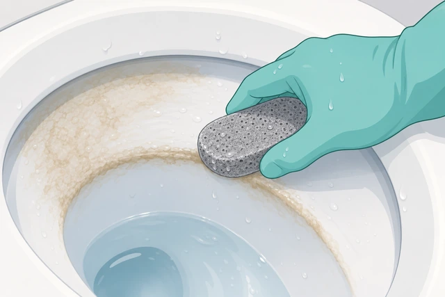Illustration: wet pumice stone scrubbing a mineral ring with light one-direction pressure, water refilling after