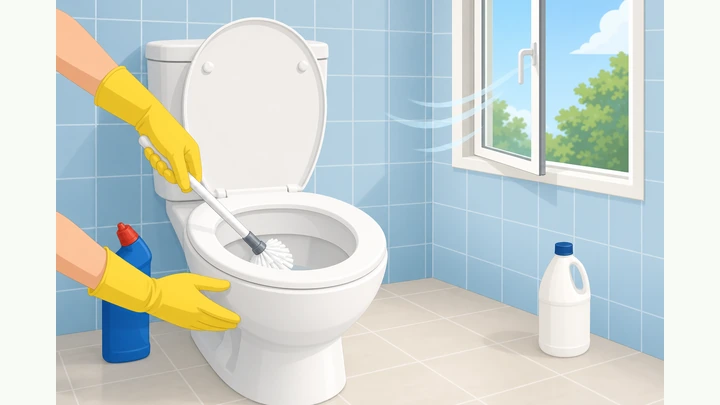 Illustration: gloved hands cleaning a toilet bowl with a brush, cleaner, and window open for ventilation