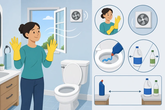 Illustration: gloved hands beside one chosen bowl cleaner, brush, and an open window; bleach bottle capped and set apart