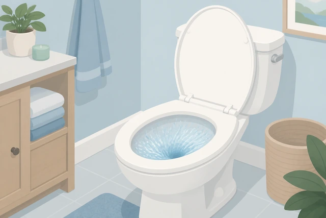 Illustration: toilet lid up, water flushing normally, bowl walls visibly wet