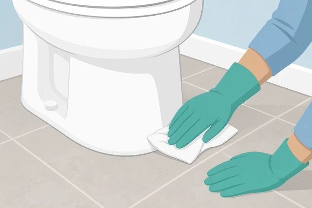 Illustration: disinfectant wipe cleaning the floor directly around the base of the toilet