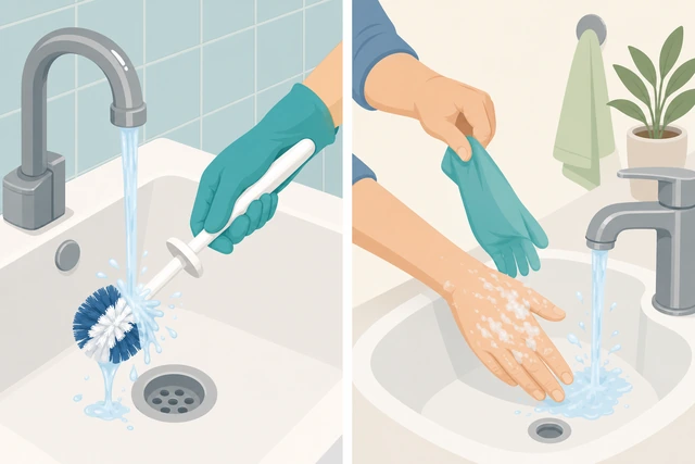 Illustration: toilet brush rinsing under running water, then resting upright in its holder to air-dry
