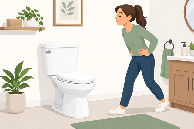 Illustration: finished toilet with bowl, seat, base, and floor all clean; person doing a final visual check