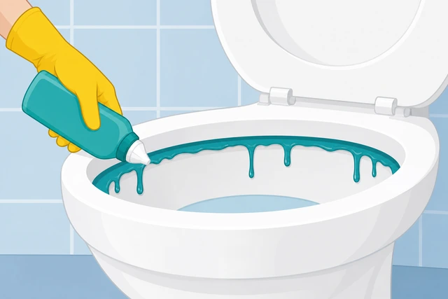 Illustration: gel cleaner squeezed in a ring under the toilet rim, dripping down the bowl walls