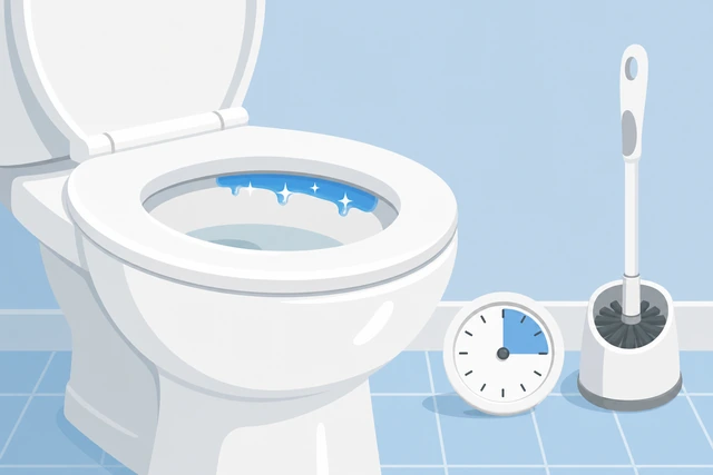 Illustration: toilet bowl with cleaner glistening under the rim beside a simple timer, brush resting untouched