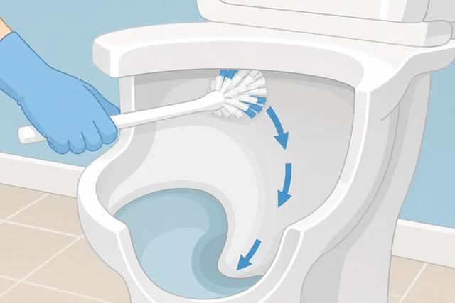 Illustration: toilet brush scrubbing under the rim, down the side walls, and into the trapway opening at the bottom