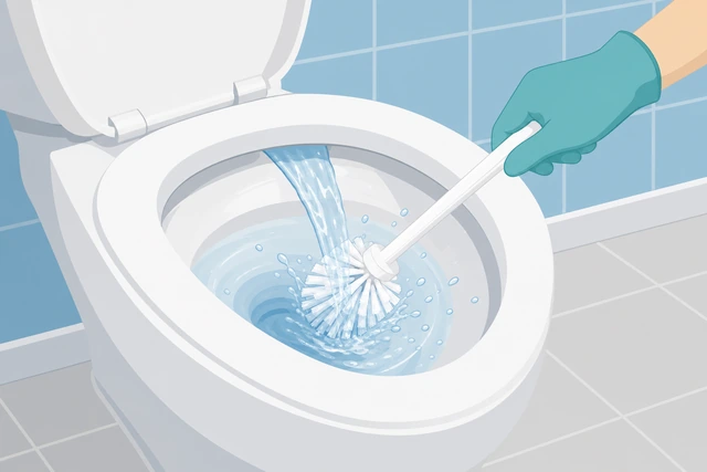Illustration: toilet flushing with clear water while the brush rinses under the stream