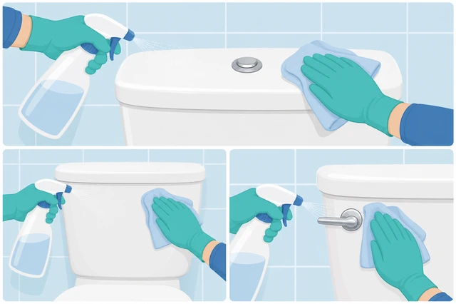 Illustration: disinfectant spray on toilet tank lid and flush handle, cloth wiping surfaces clean