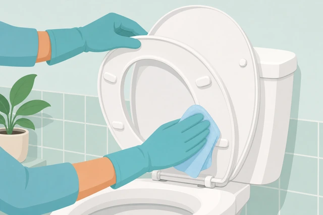 Illustration: hand lifting toilet seat to wipe its underside and the underside of the lid
