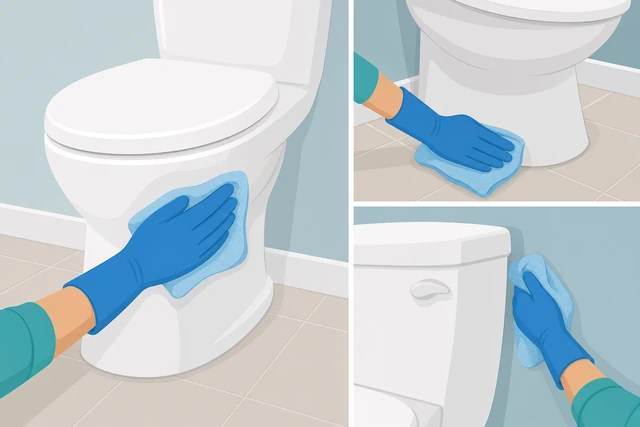 Illustration: cloth wiping the exterior toilet bowl, base, and the wall surface behind the toilet