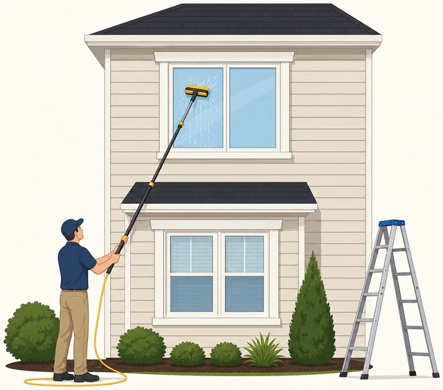 Illustration: extension pole washer beside a ladder placed away from glass with three-point ground contact