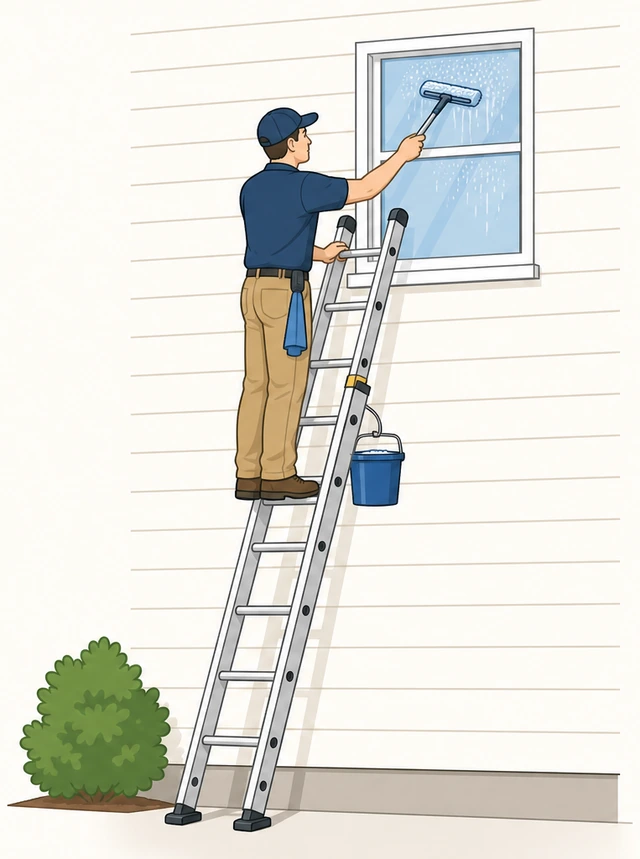 Illustration: pole squeegee working top-down on a second-story exterior window, worker not overreaching