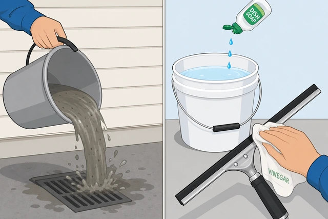 Illustration: dumping soapy bucket water, remixing lighter solution, wiping squeegee blade with vinegar on a cloth