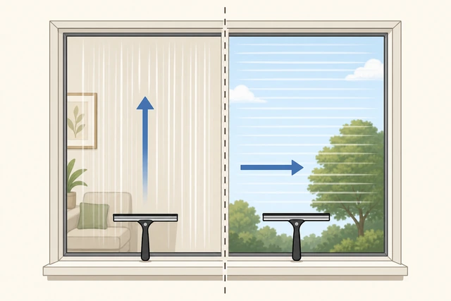 Illustration: vertical squeegee strokes on inside glass, horizontal on outside, finished with dry microfiber polish