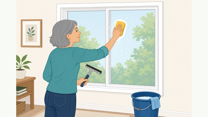Illustration: hands washing a window pane with a squeegee and microfiber, shade on the glass, drop cloth under the sill