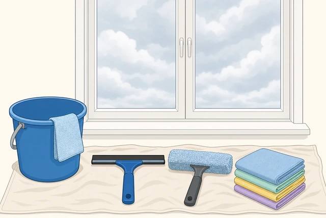 Illustration: shaded window with bucket, squeegee, microfiber cloths, and a drop cloth laid under the sill