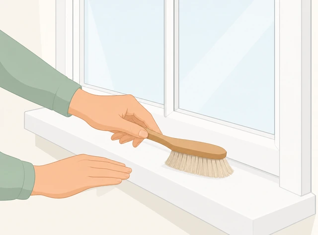 Illustration: soft brush dry-dusting a window frame, sill, and screen track before any wet cleaning