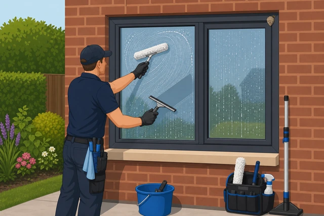 Illustration: ground-floor exterior window being washed and squeegeed safely from reachable height