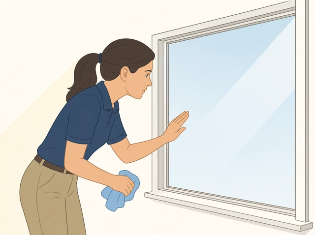 Illustration: person inspecting a window pane at a 45-degree angle in raking light to spot streaks
