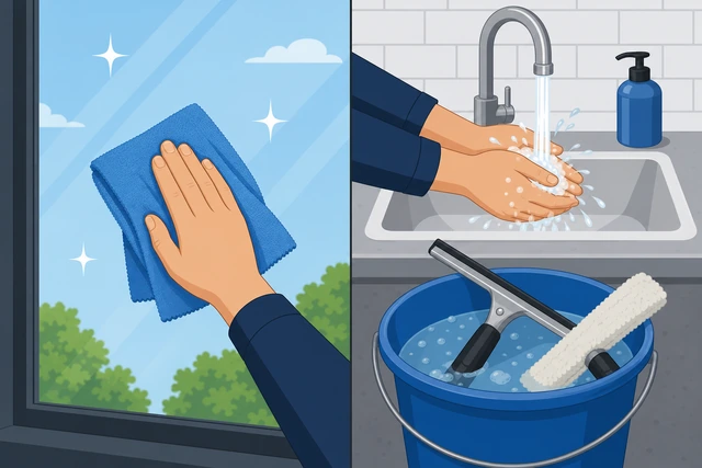 Illustration: barely damp microfiber touching up a streak, then tools rinsed in clean water
