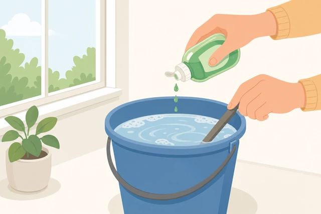 Illustration: bucket of warm water with a few drops of dish soap added, not a heavy squirt of suds