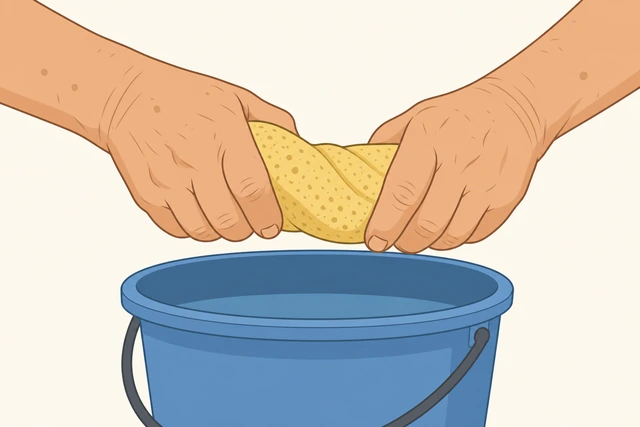 Illustration: hands wringing a washer sleeve over a bucket until damp with no drips falling