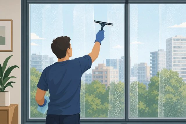 Illustration: washer moving top to bottom in overlapping vertical strips across a window pane