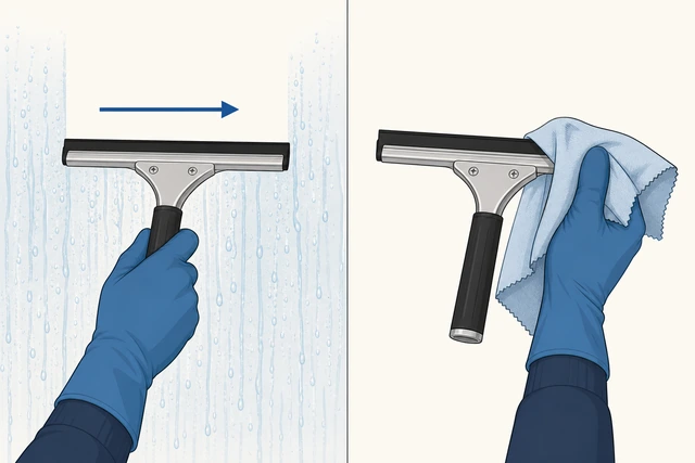 Illustration: squeegee pulling horizontal passes from the top, blade being wiped dry on a cloth between passes