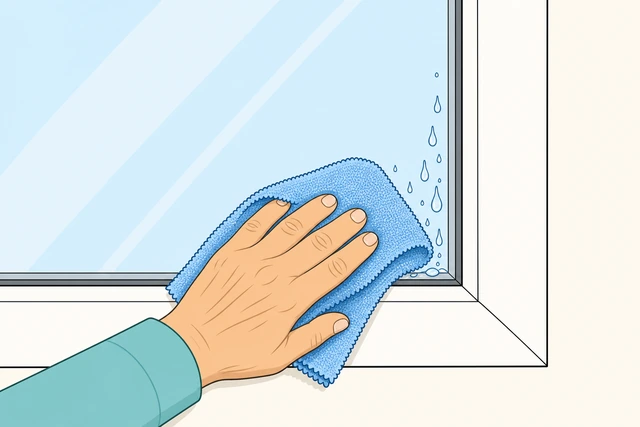 Illustration: dry microfiber wiping drips from window corners and muntins the squeegee missed