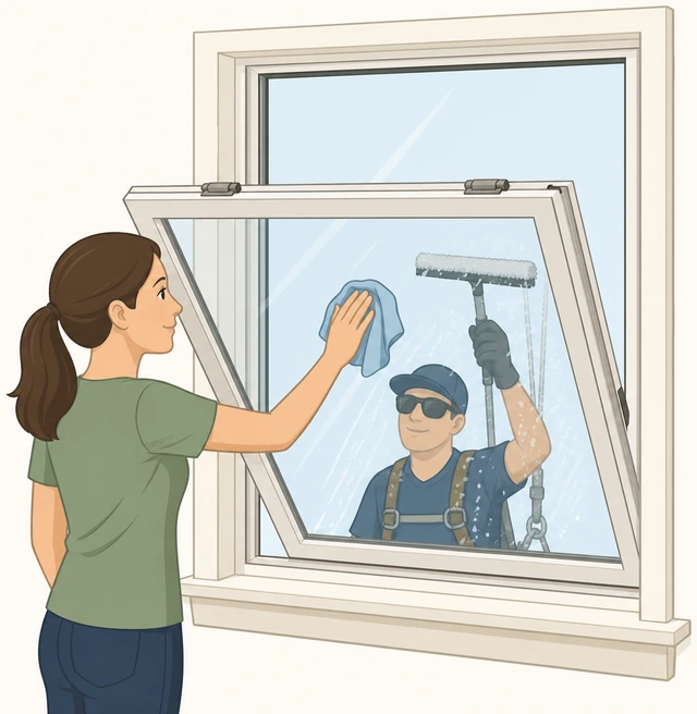 Illustration: same window pane cleaned on the opposite side with wash and squeegee technique