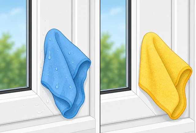 Illustration: damp cloth wiping a window frame and sill, then a separate dry cloth removing standing water