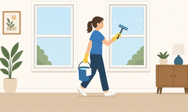 Illustration: moving to the next window pane, dumping gray bucket water and remixing fresh solution