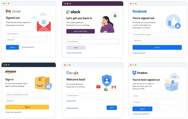 Illustration: multiple website login screens with password field and sign-in button