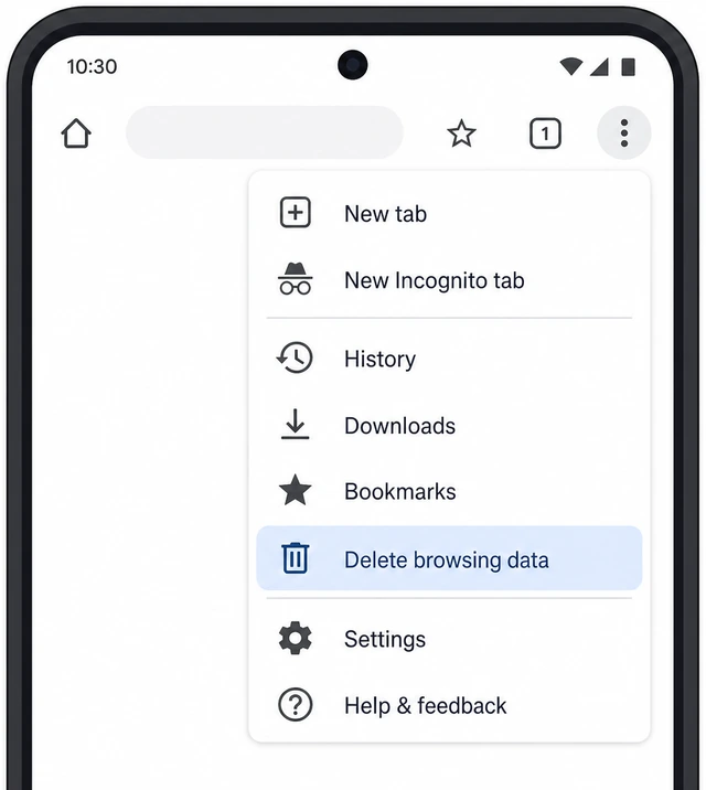 Illustration: phone Chrome app with three-dot menu open showing History and Delete browsing data options