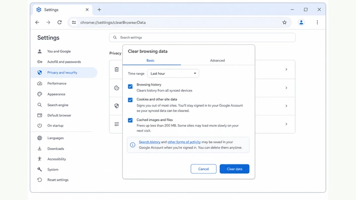 Illustration: Chrome Clear browsing data dialog with Cached images and files checked beside a refreshed website tab