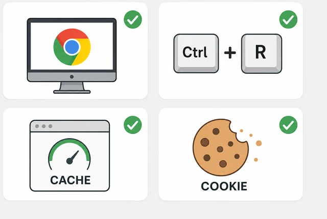 Illustration: checklist with Chrome logo, desktop computer, cache vs cookies labels, and problem site tab