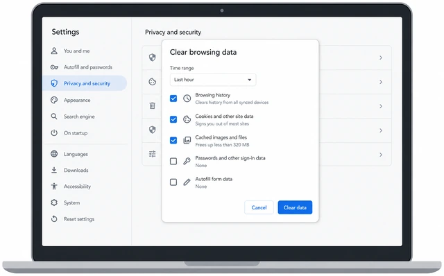 Illustration: Chrome browser with keyboard shortcut Ctrl+Shift+Delete opening the Clear browsing data dialog