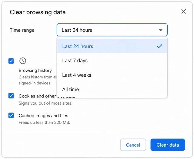Illustration: Clear browsing data dialog with Time range dropdown showing Last hour and All time options
