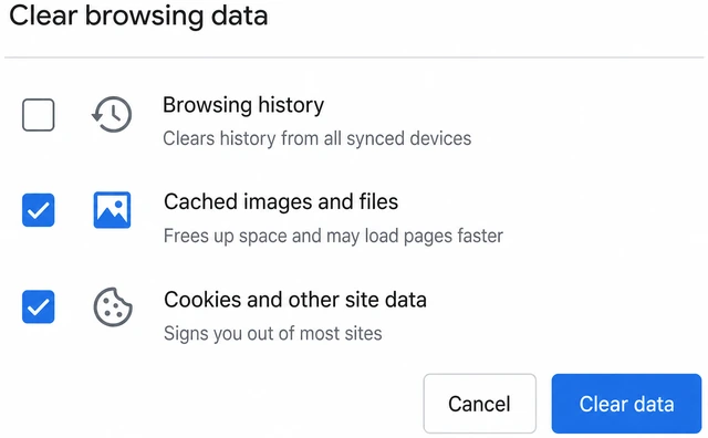 Illustration: Clear browsing data checkboxes with Cached images and files checked and Browsing history unchecked