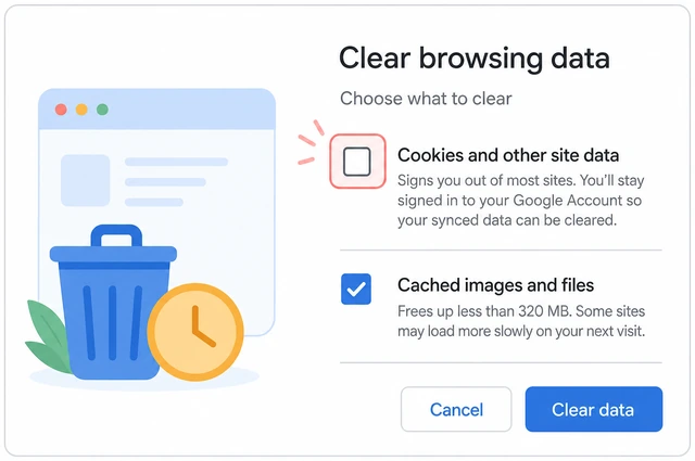 Illustration: Cookies and other site data checkbox left unchecked beside a signed-in account avatar on a website