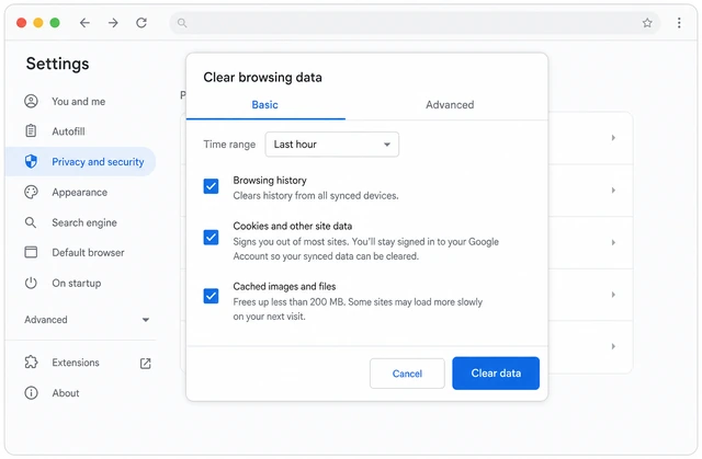 Illustration: finger clicking Clear data button in Chrome dialog with progress indicator