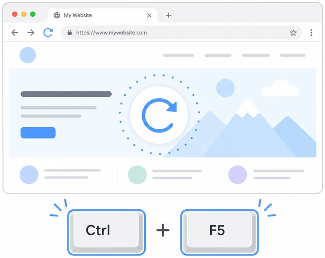 Illustration: Chrome tab with reload arrow and keyboard shortcut Ctrl+F5 highlighted