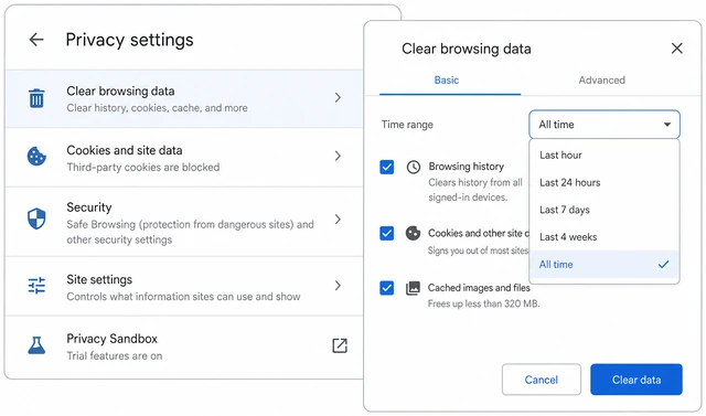 Illustration: Chrome privacy settings with Clear browsing data link and Incognito window option