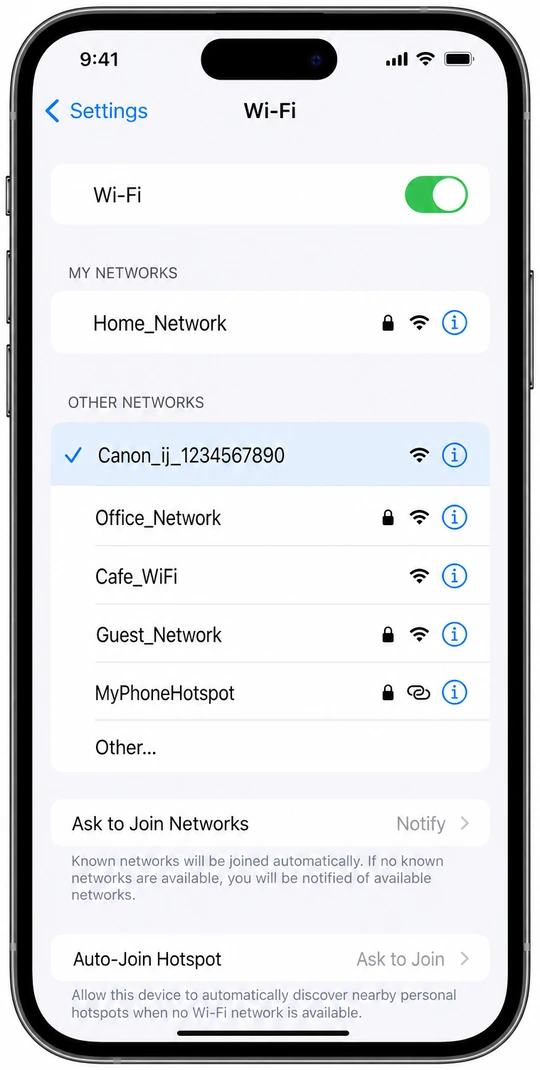 Phone showing Canon direct Wi-Fi network