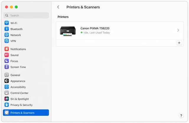Illustration: Mac System Settings Printers and Scanners with Canon PIXMA listed