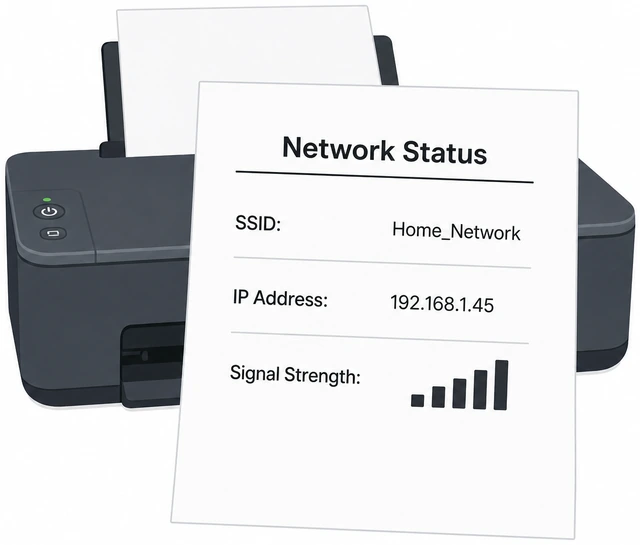 Illustration: printed network status page showing connected SSID and IP address