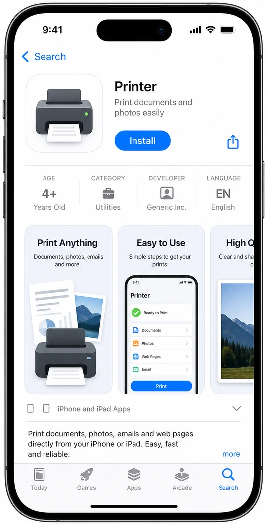Illustration: phone app store showing Canon PRINT Inkjet SELPHY install button