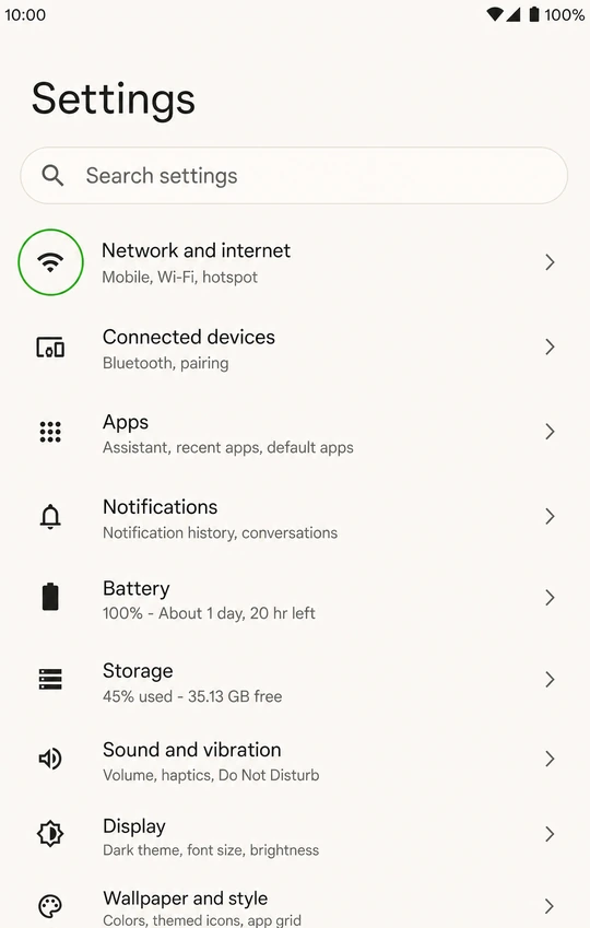 Illustration: Android Network and internet menu