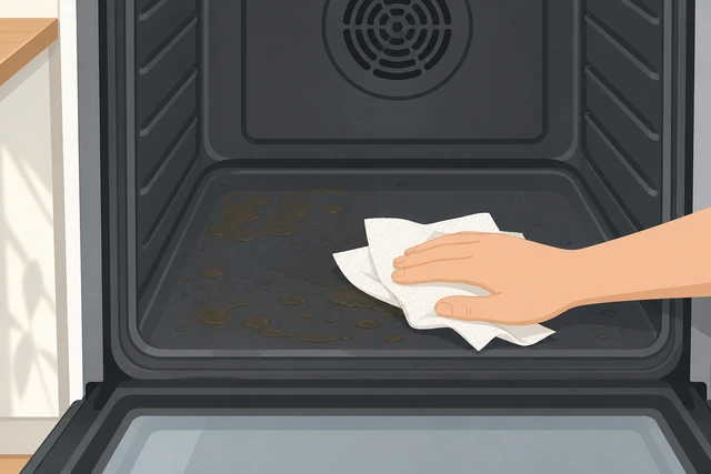 Illustration: wiping cooled grease from oven floor with paper towels